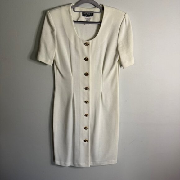 Vintage All That Jazz White Gold Button Dress Size 9/10 - Picture 1 of 7